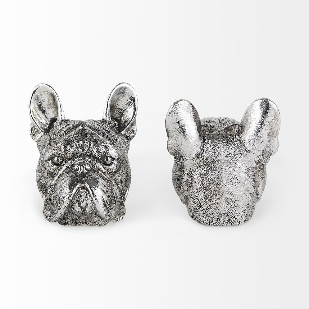 Two silver bulldog bookends, front and back view.