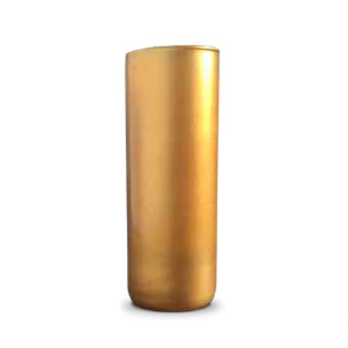 Tall gold cylindrical vase on white background.