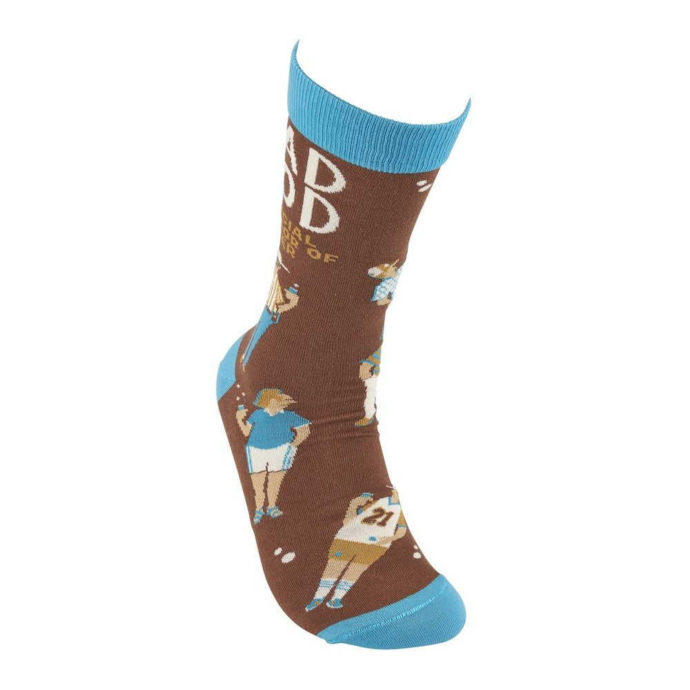 Brown sock with blue trim featuring athletic figures and text design.