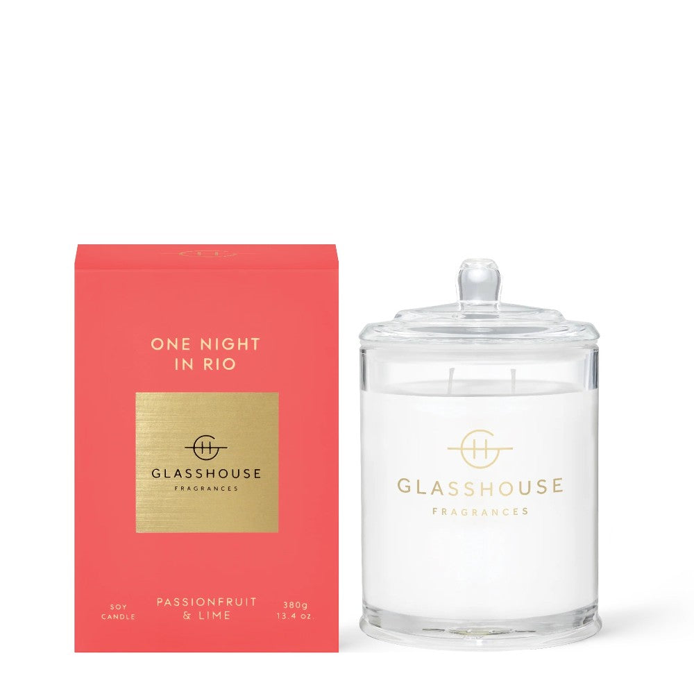 Red box and glass candle labeled "Glasshouse Fragrances: One Night in Rio".