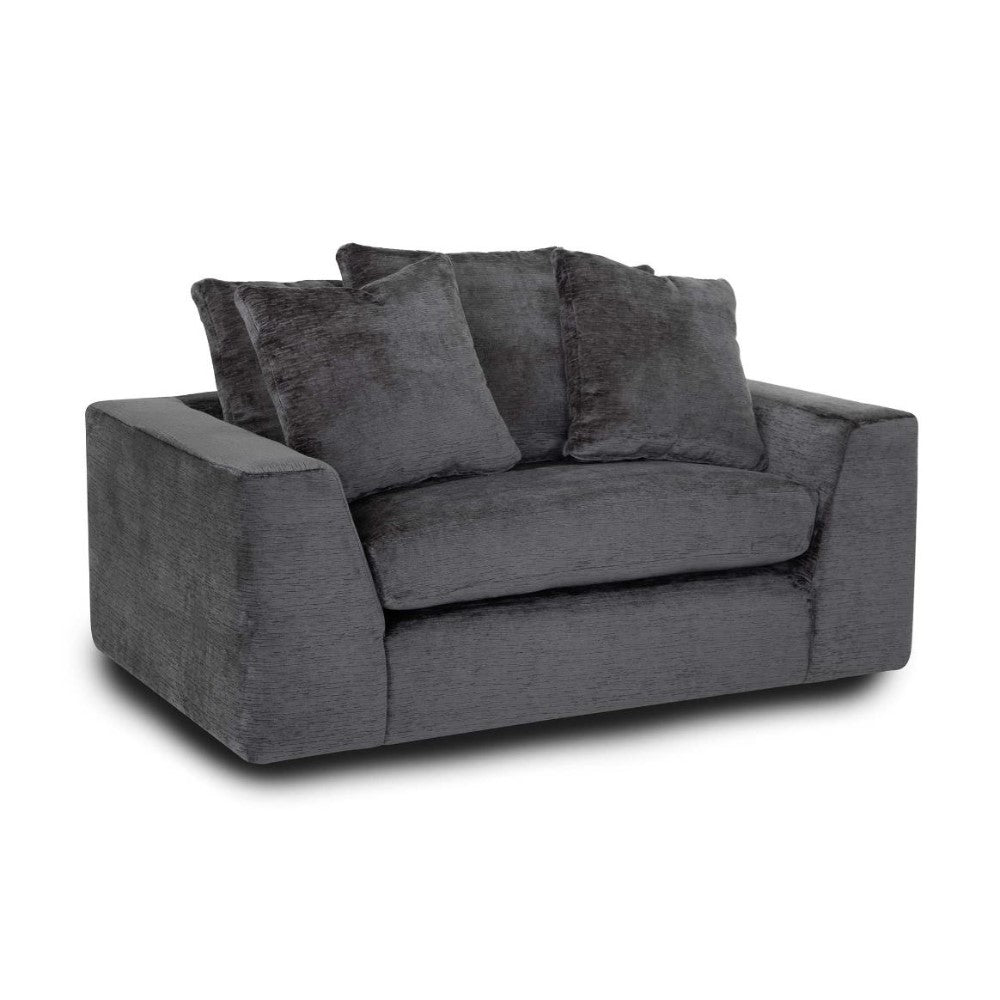 Gray loveseat with plush cushions on a white background.