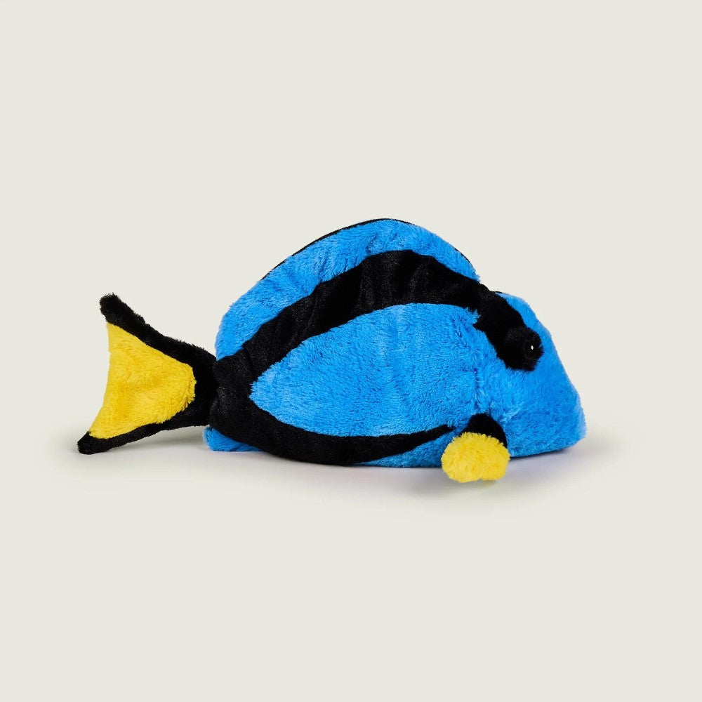 Blue plush fish with yellow fins on a light background.