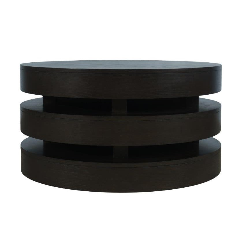 Dark round table with layered, rotating design.