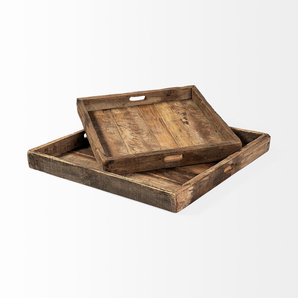 Two rustic wooden trays with handles, stacked together.