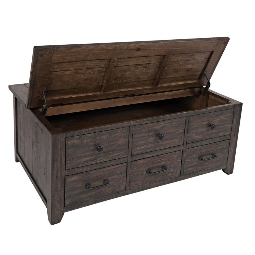 Wooden storage chest with an open lid and multiple drawers.