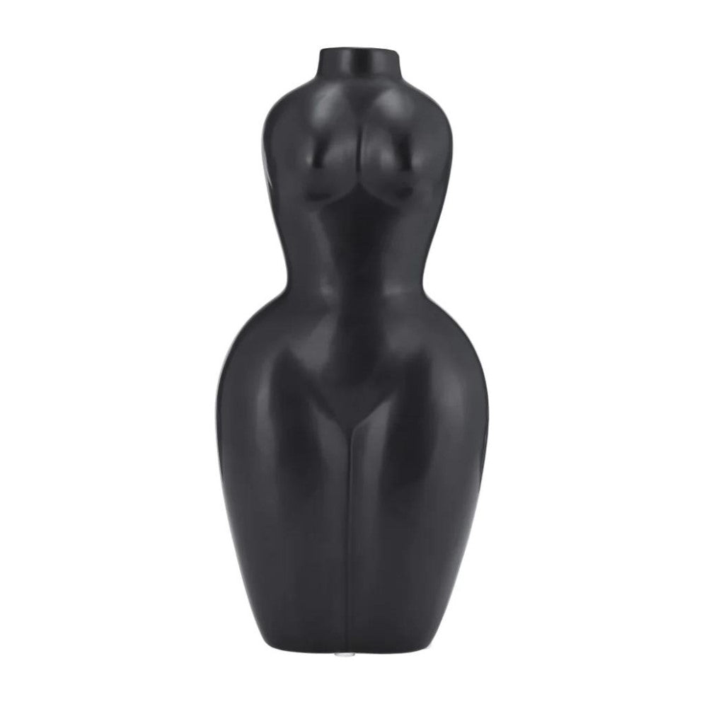 Sleek black torso vase with a curvy silhouette.