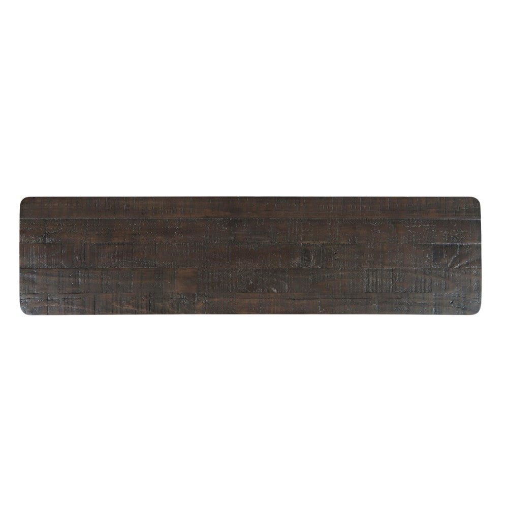 Dark wooden bench top with rounded edges.