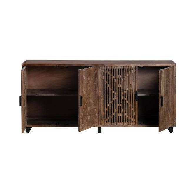 Wooden cabinet with lattice doors open, revealing shelves inside.