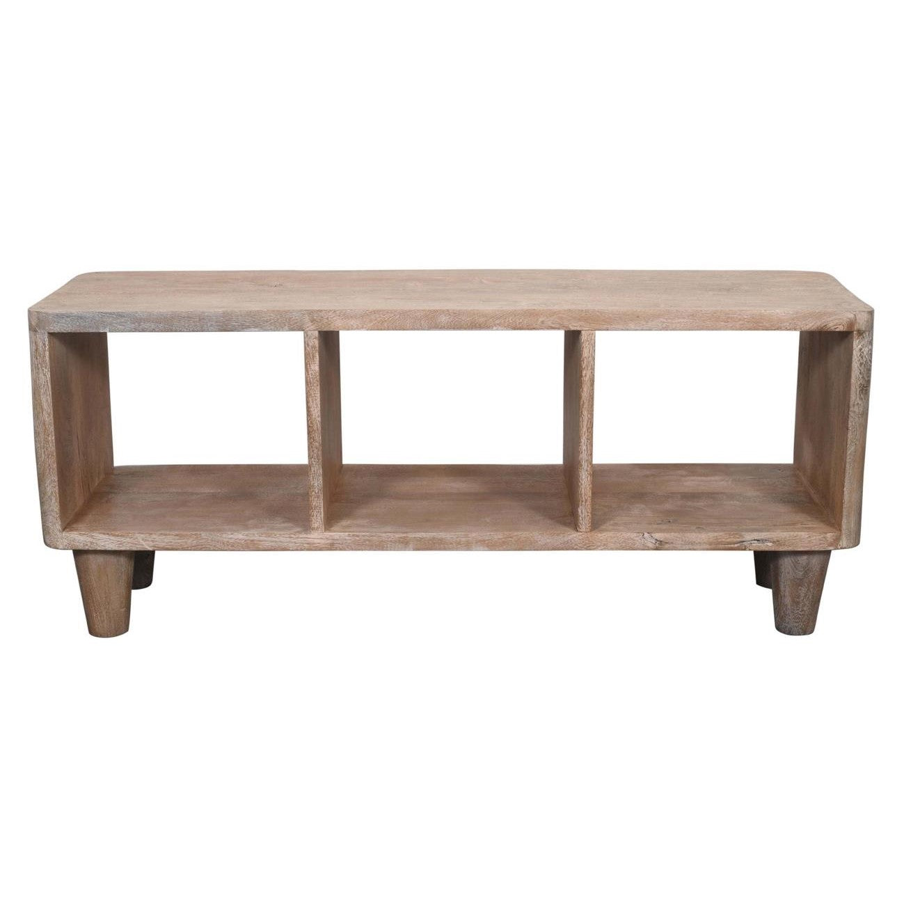 Wooden bench with three open cubbies and short legs.