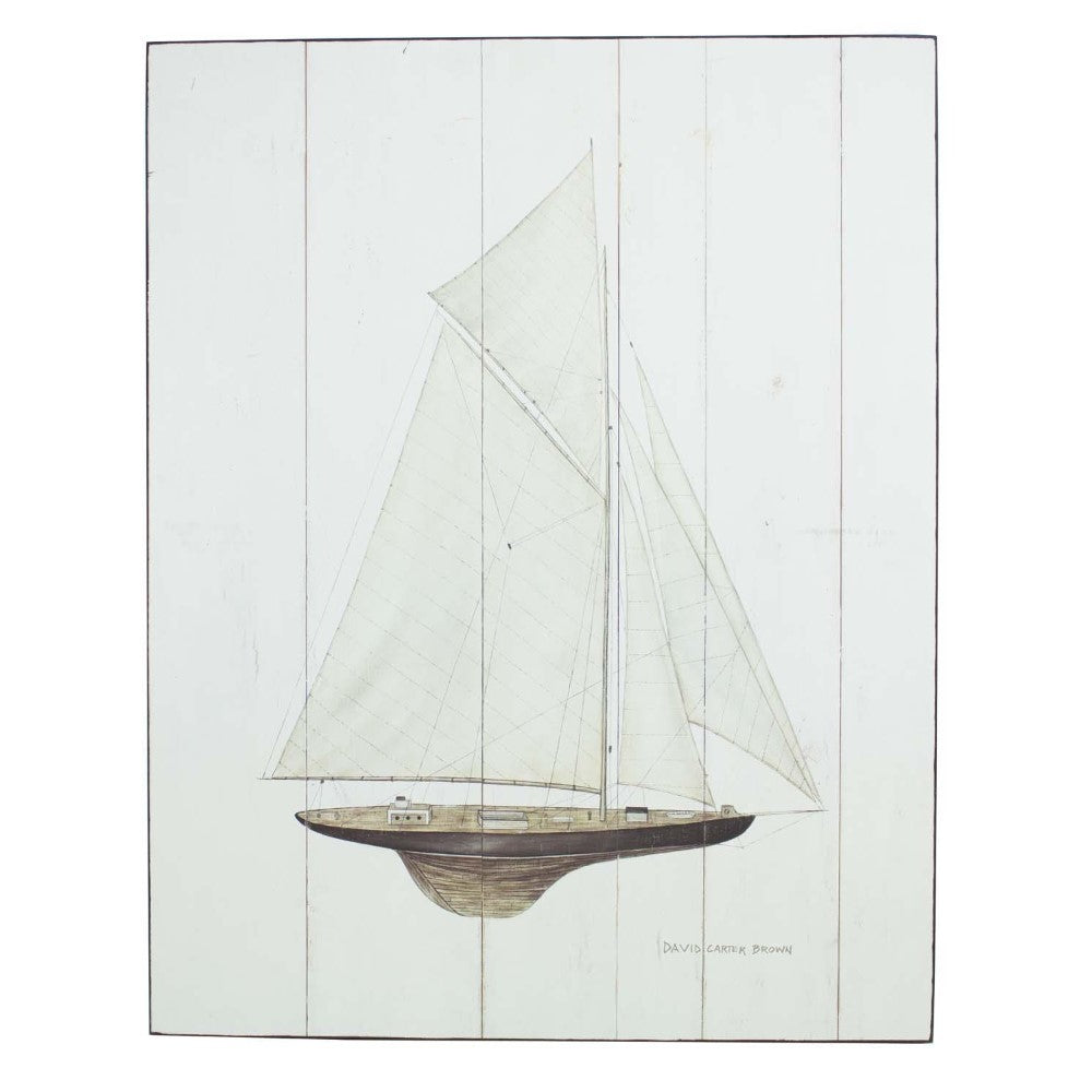 Vintage sailboat illustration on vertical wooden planks.