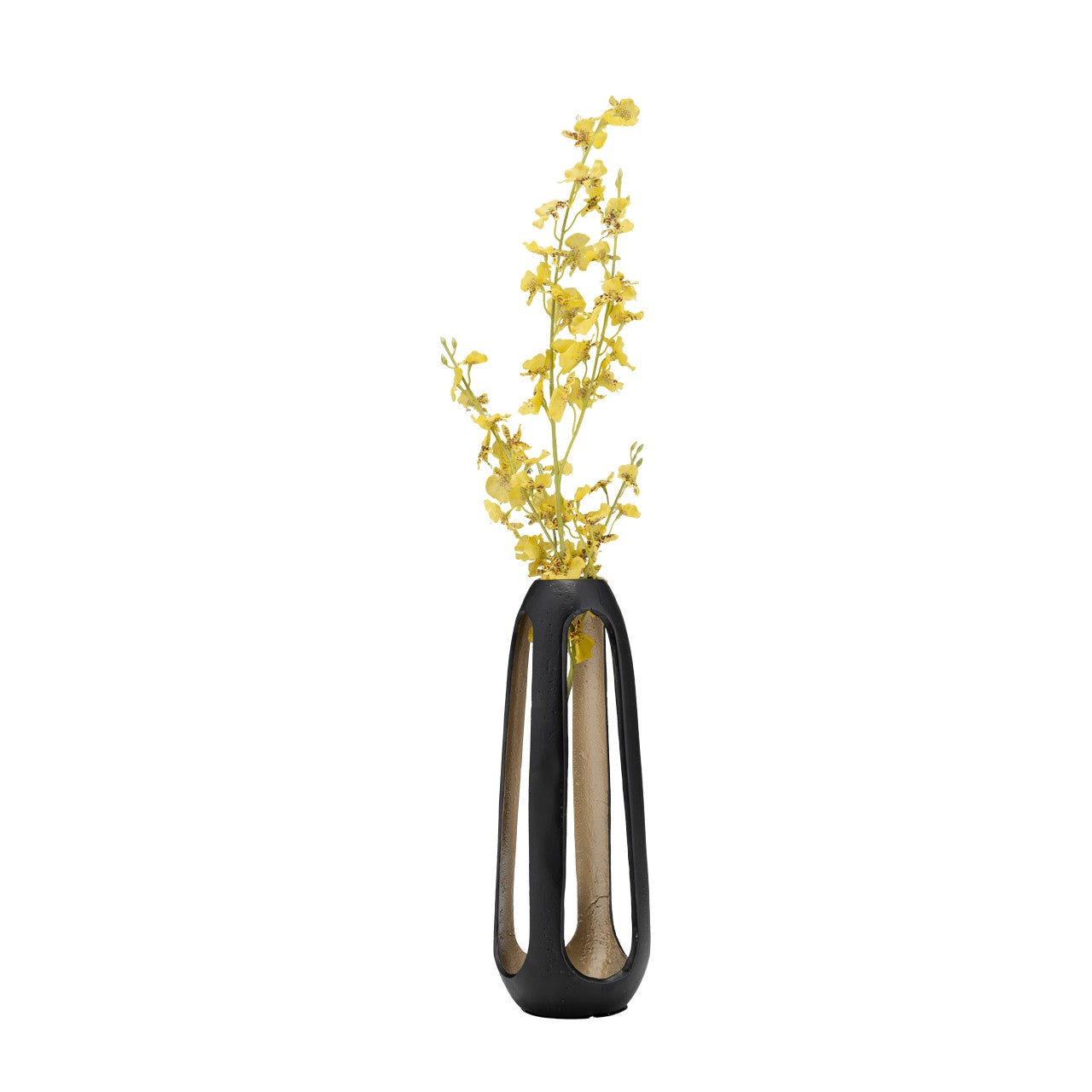 Yellow flowers in a modern, open black vase.