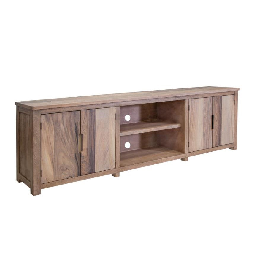 Wooden TV stand with cabinets and shelves.