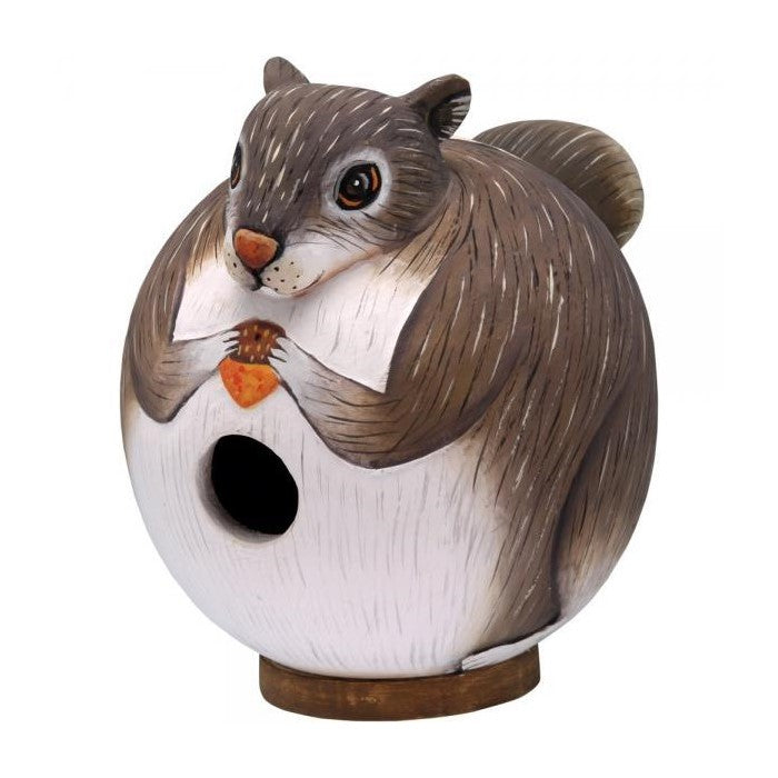 Squirrel-shaped birdhouse with a nut design.