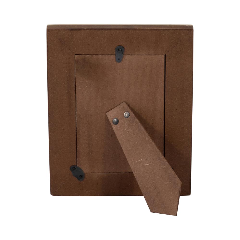 Back view of a brown photo frame with a stand.