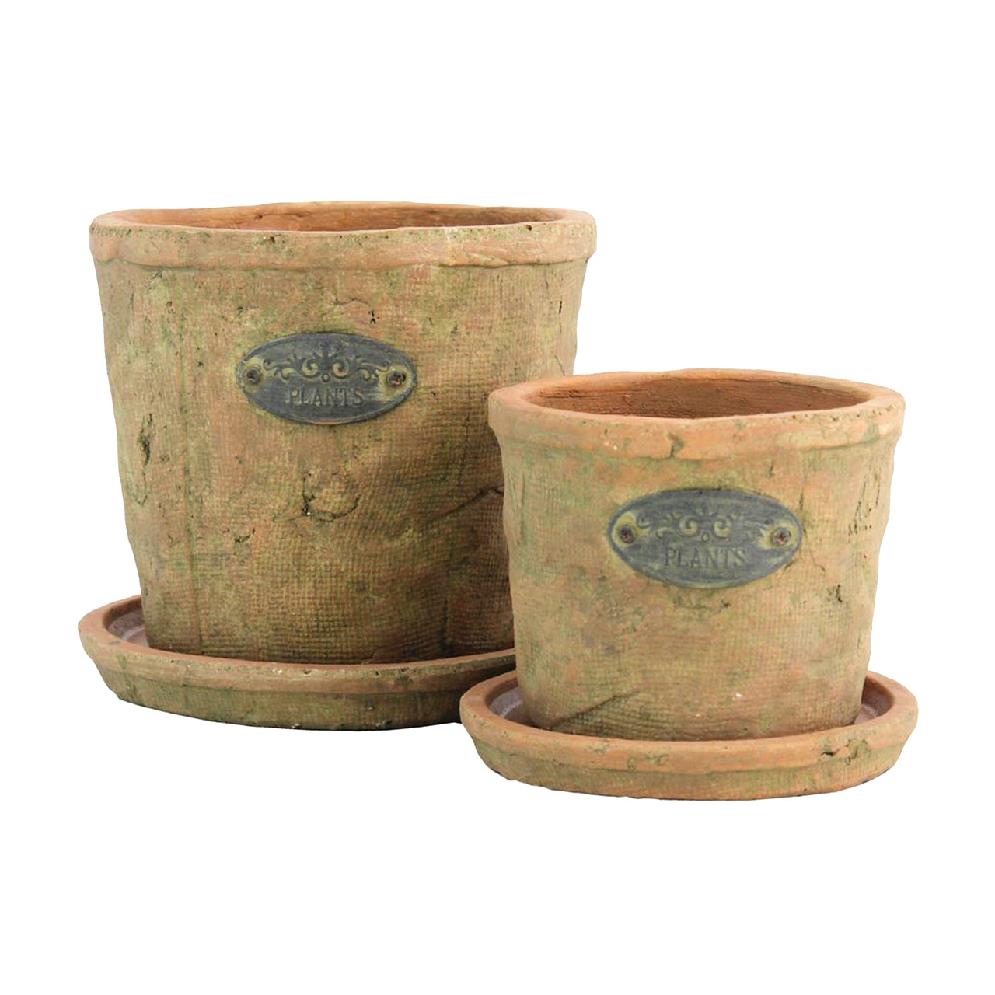 Two rustic pots with trays, labeled "PLANTS."