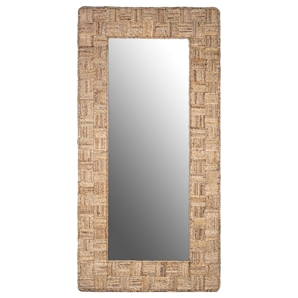 Rectangular mirror with a woven, textured frame.