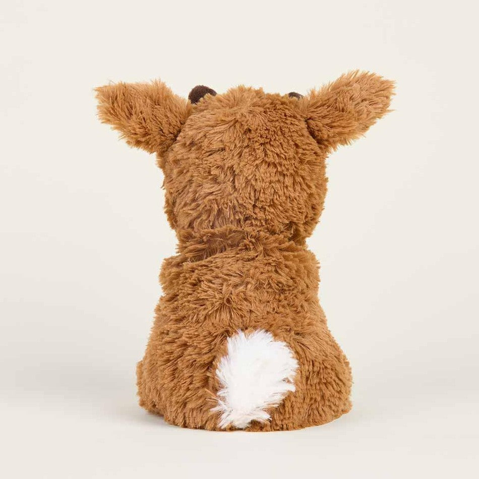 Brown plush animal with ears and a small white tail, viewed from the back.