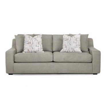 Gray sofa with patterned cushions.