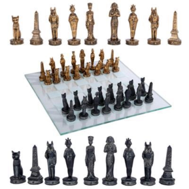 Chess board with Egyptian-themed pieces in gold and black.