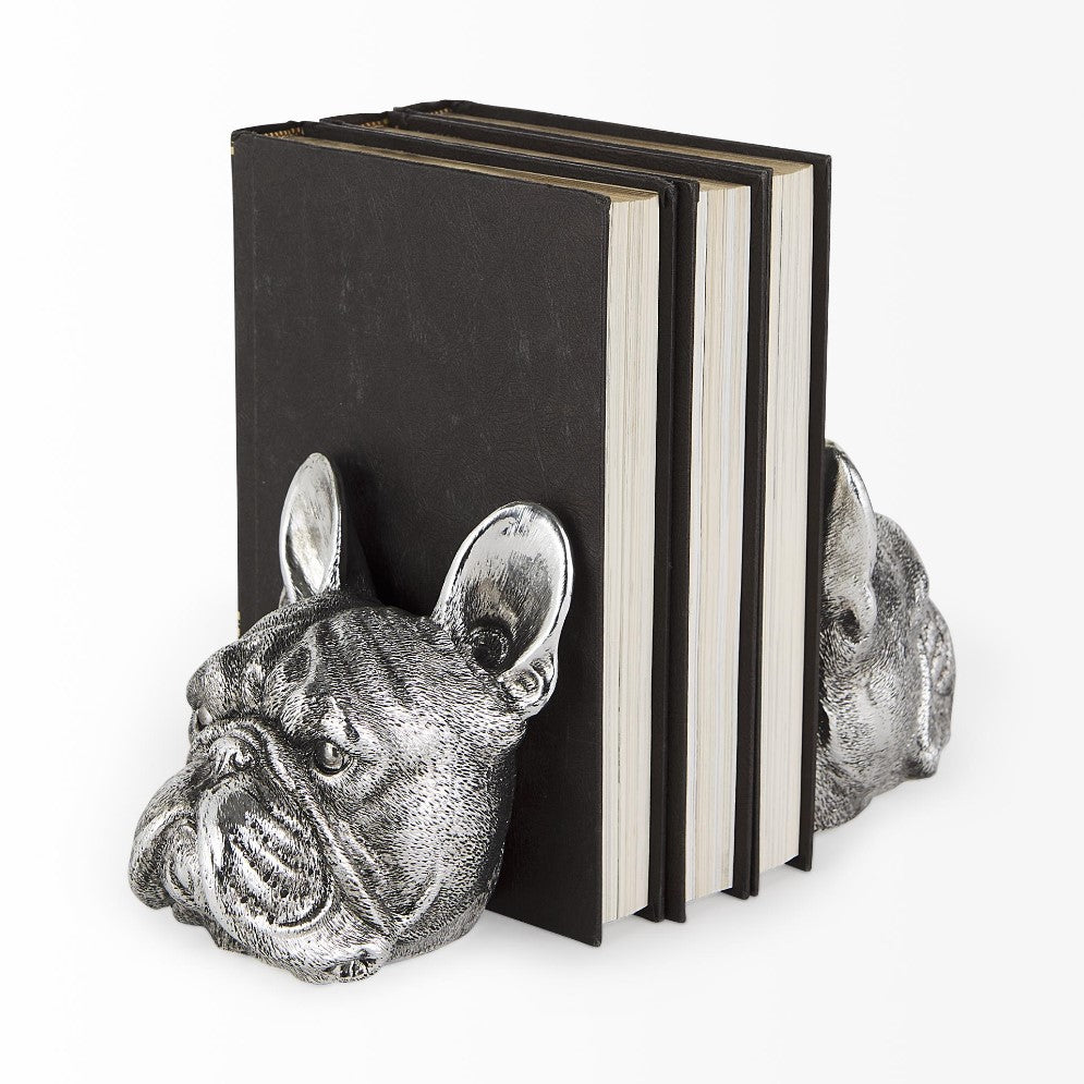 Books with bulldog head bookends.