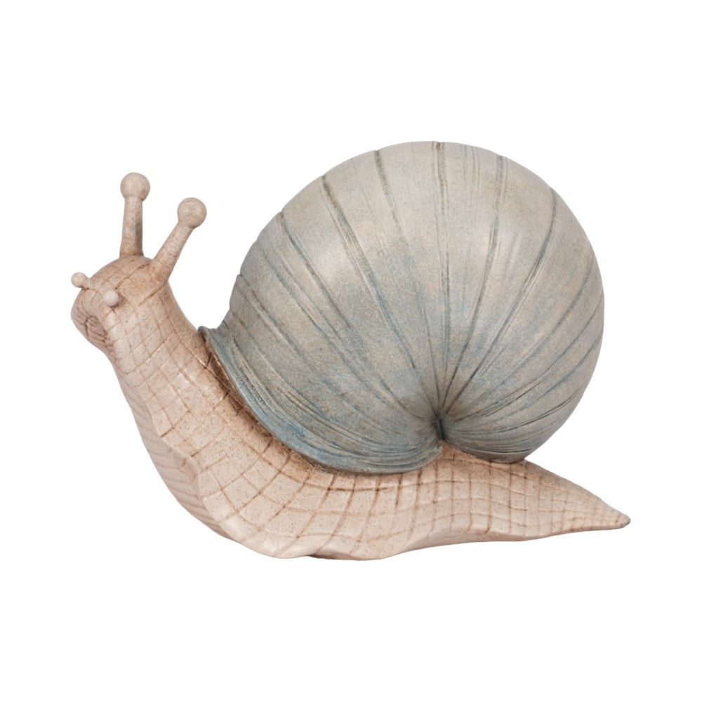 Wooden snail figurine with a blue-tinted shell.