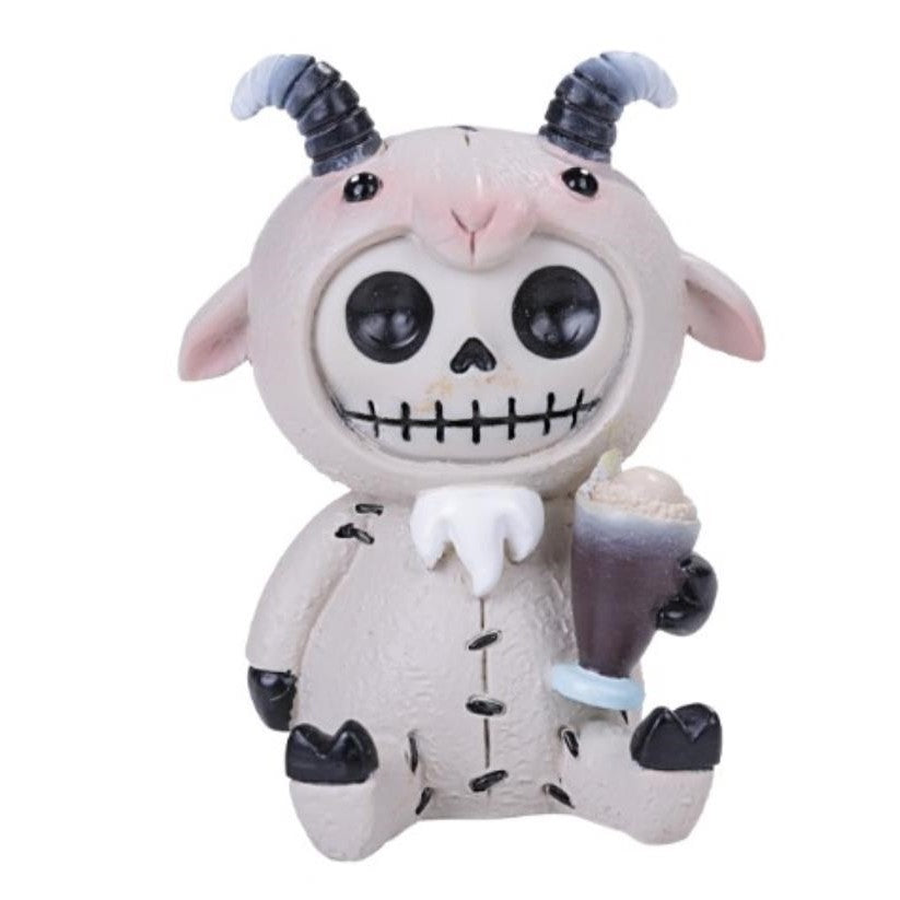 Cute skull-faced goat toy holding a drink, with stitched details.