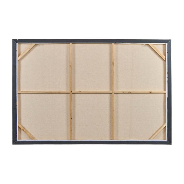 Back of a large canvas with wooden frame support.