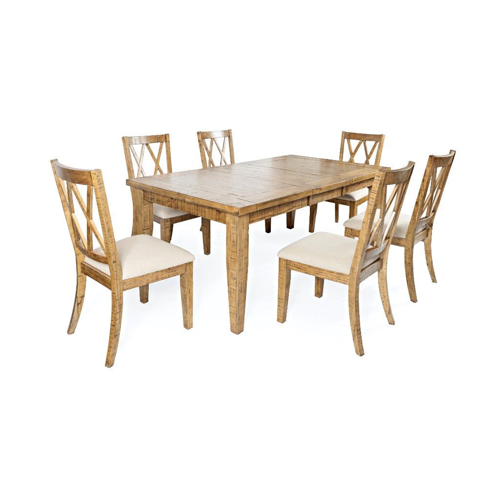 Wooden dining set with six chairs and a rectangular table.