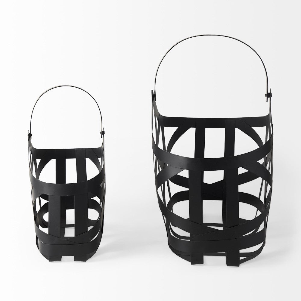 Two black wire-frame baskets with handles on a white background.
