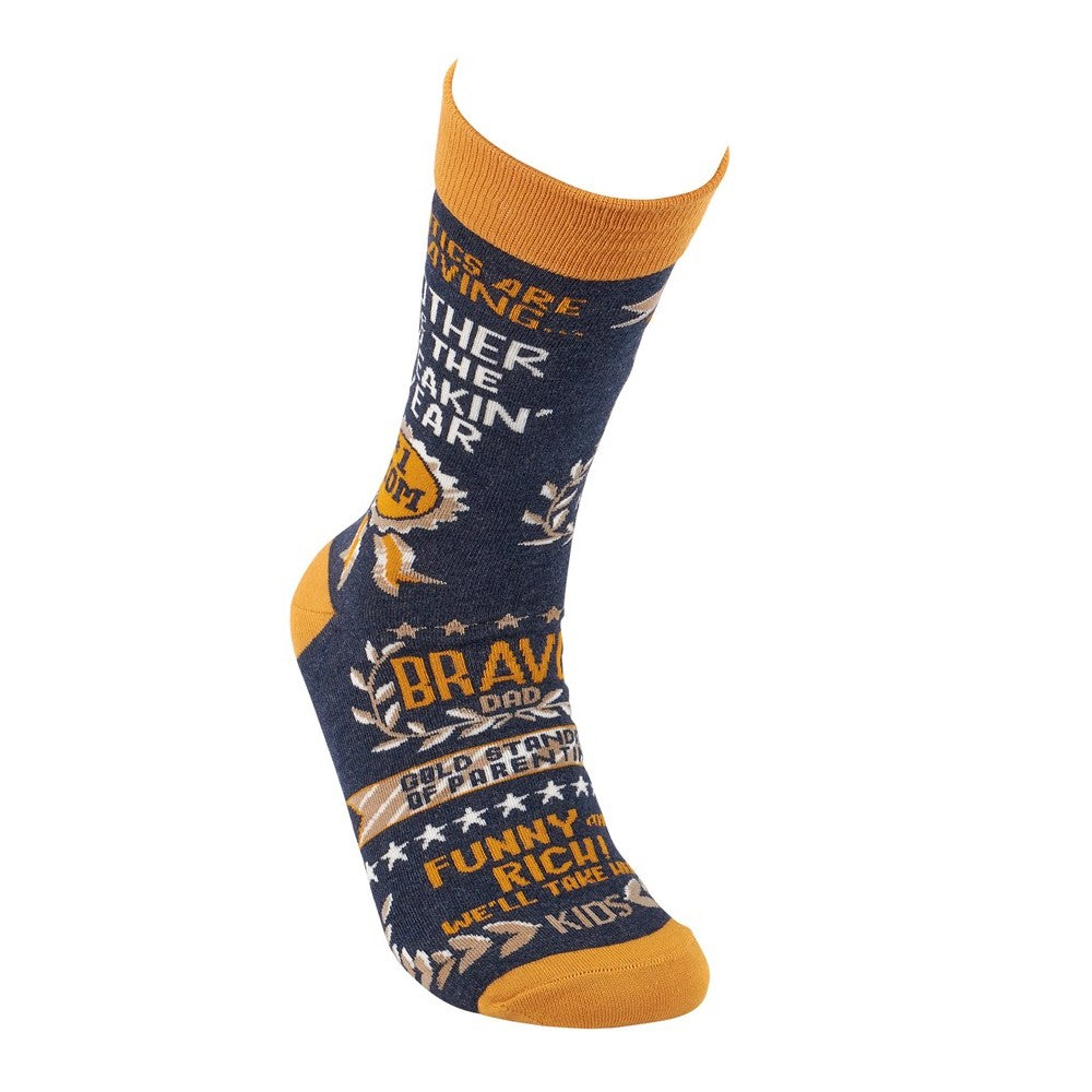 Navy and orange sock with playful dad-themed text and graphics.