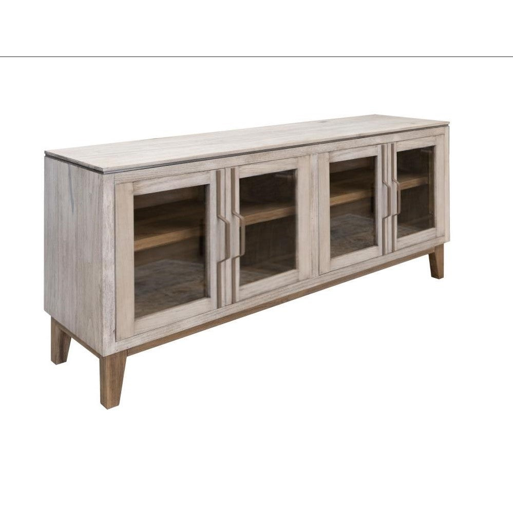 Wooden sideboard with glass doors and a light finish.