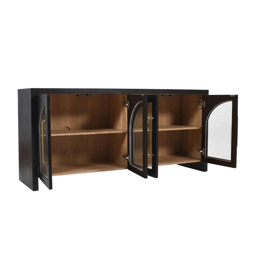 Black and wood cabinet with open glass doors.