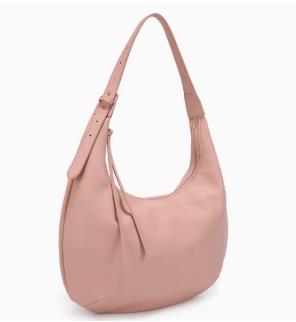 Pink hobo bag with adjustable strap, soft leather texture.