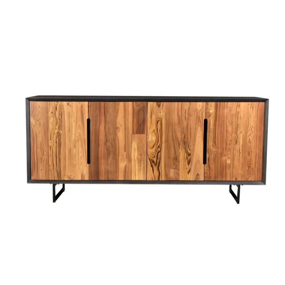 Wooden sideboard with a two-toned finish and metal legs.