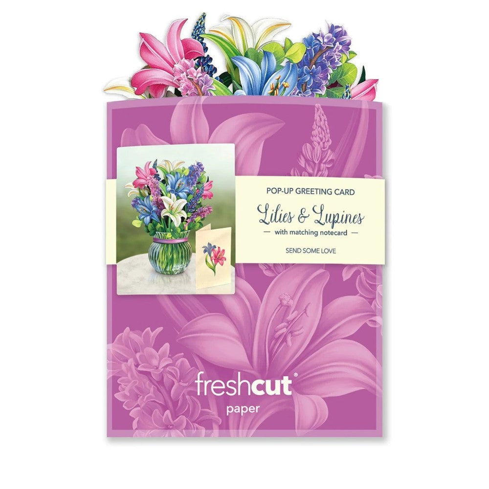 Pop-up card featuring lilies and lupines with a matching notecard.