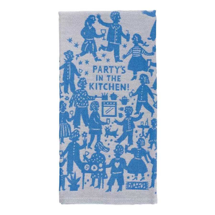 Blue kitchen towel with dancing people and text "Party's in the Kitchen!"