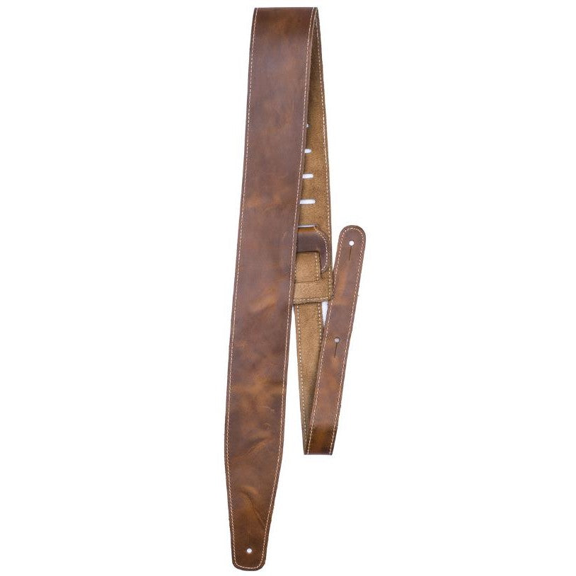 Brown leather guitar strap with adjustable length.