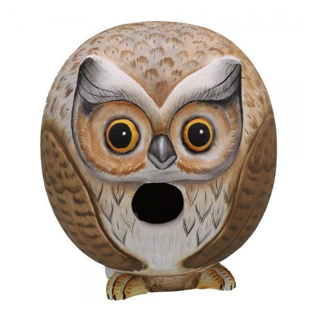 Owl-shaped birdhouse with wide eyes and an open mouth.
