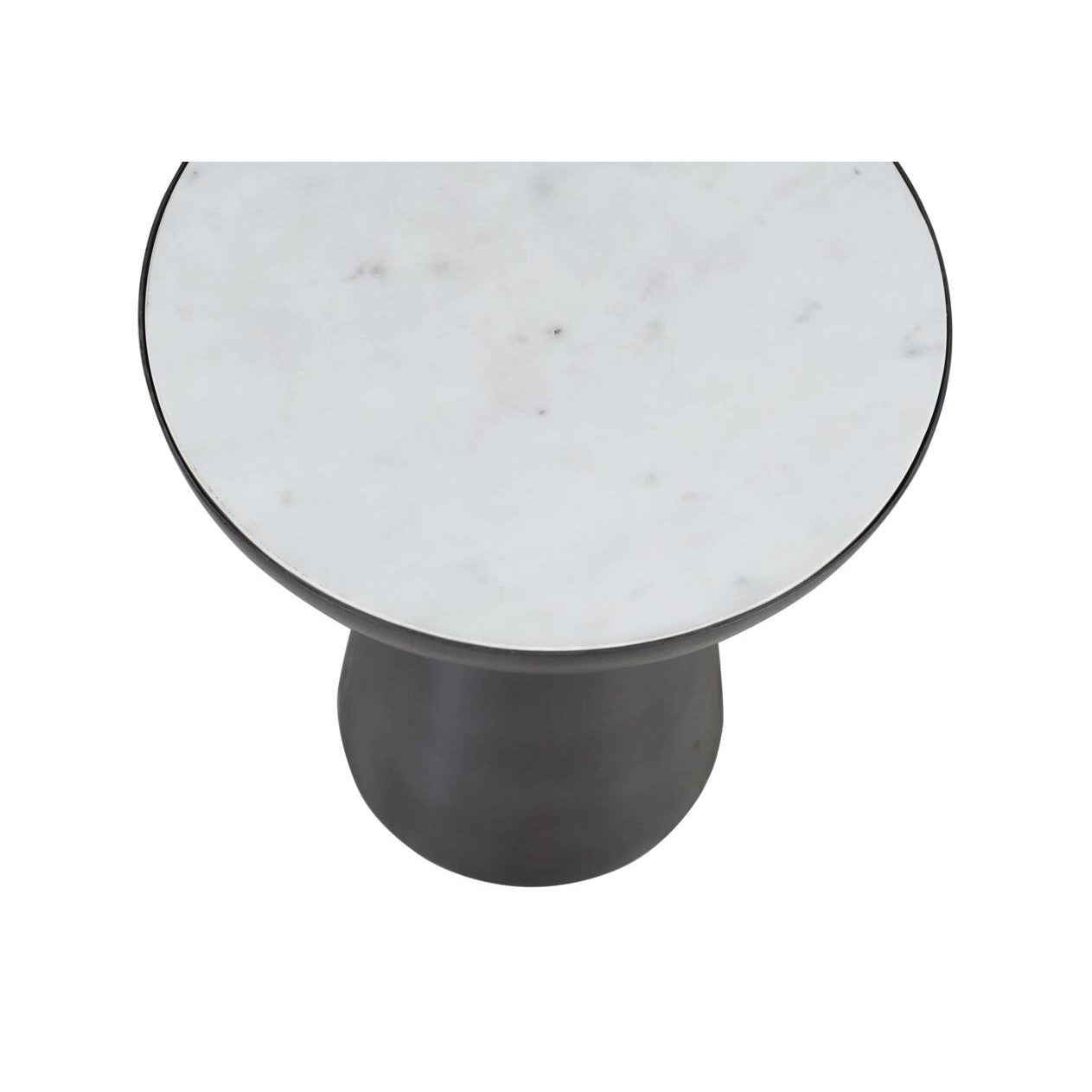 Round marble top table with a sleek black base.