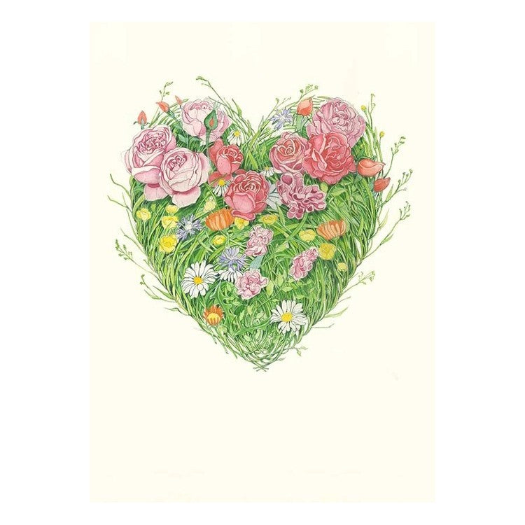 Heart-shaped floral arrangement with roses and daisies.