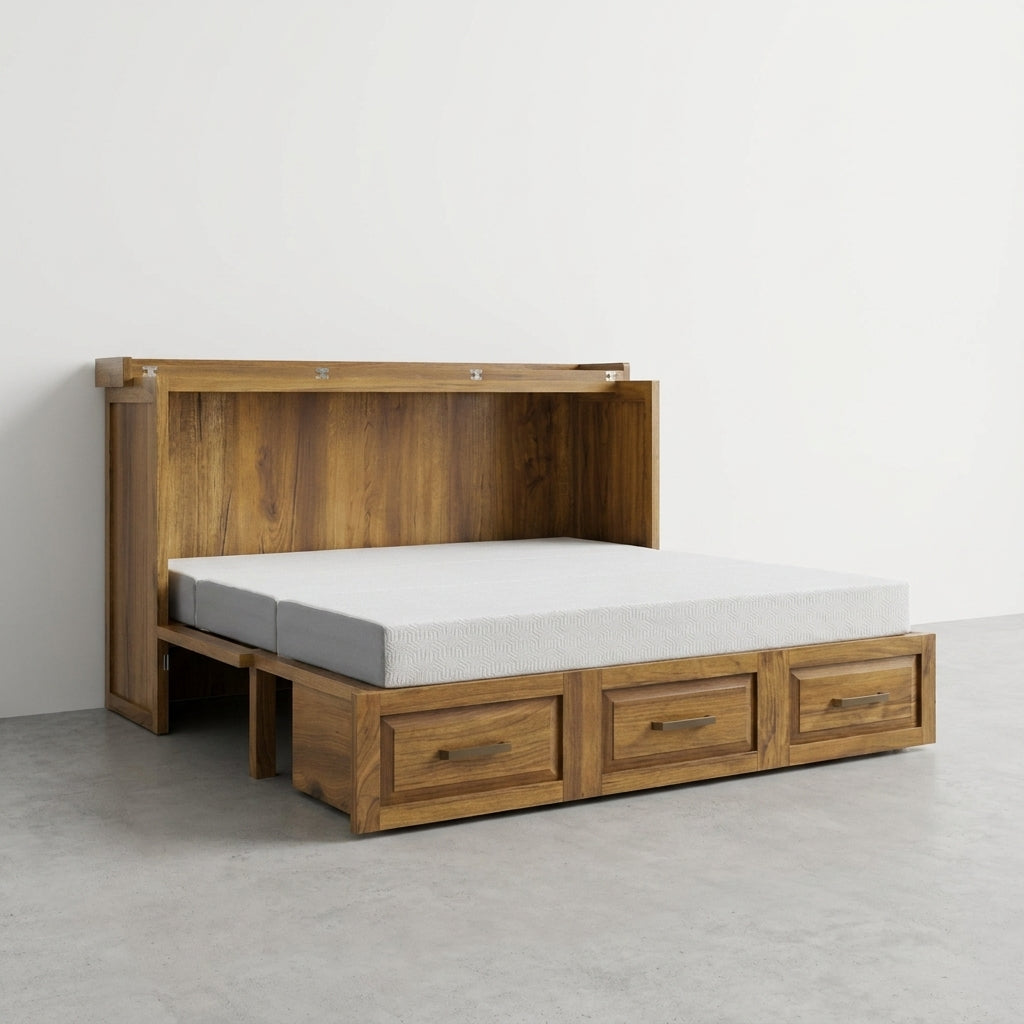 Wooden bed with storage drawers in a minimalist room.
