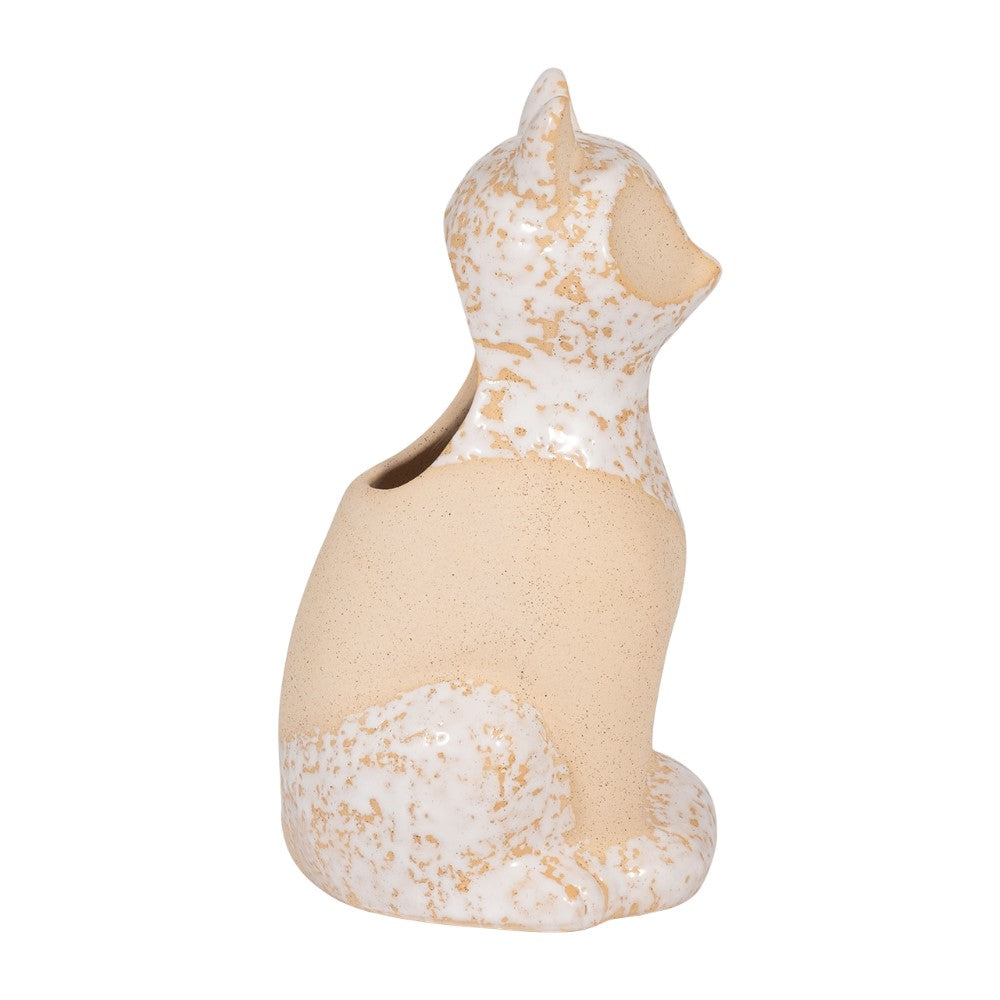Speckled ceramic cat figurine, cream and brown.