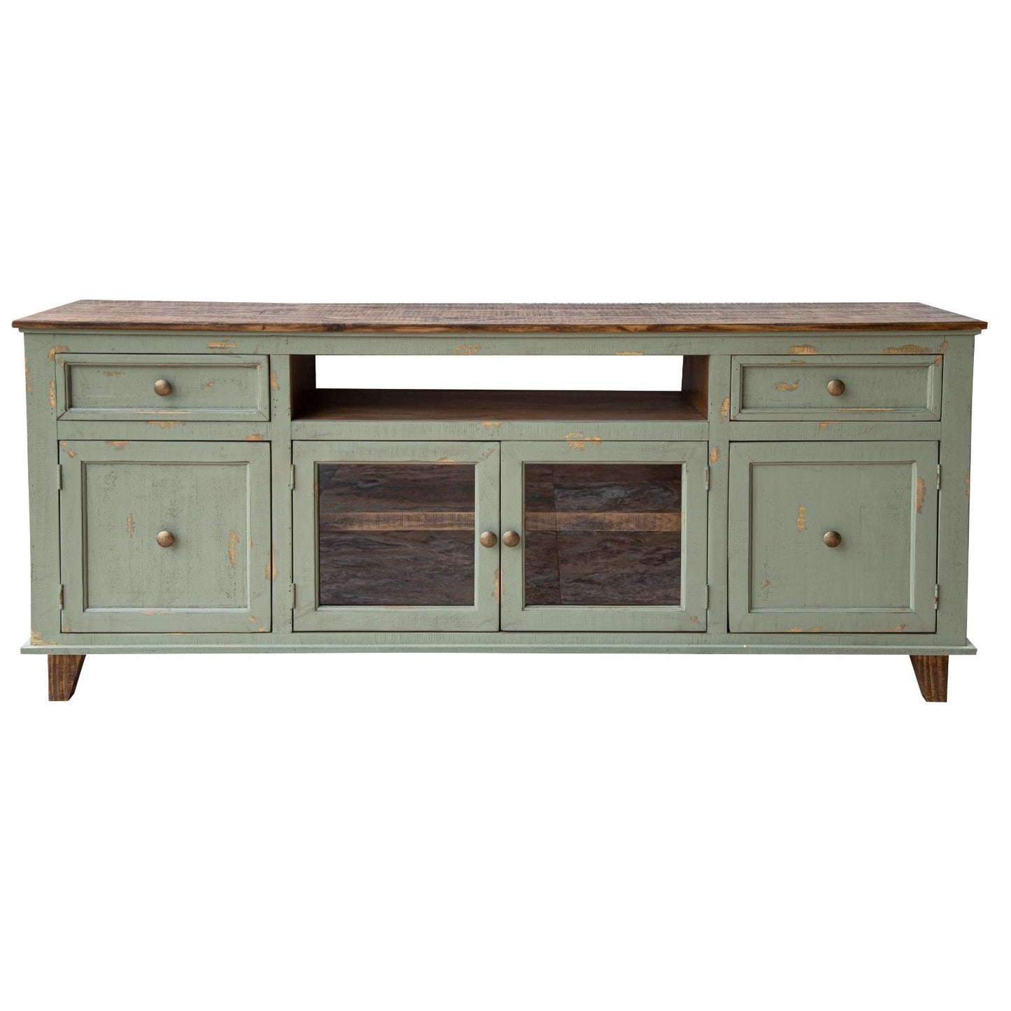 Rustic green wooden cabinet with drawers and glass doors.