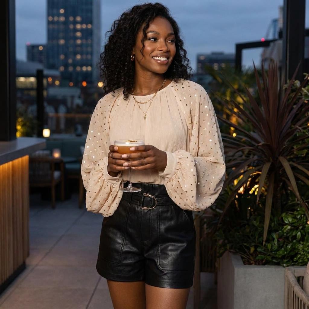 A smiling woman holds a drink on a city rooftop at dusk.