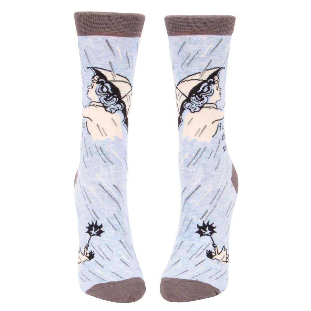 Blue socks with a woman in a raincoat and rain design.