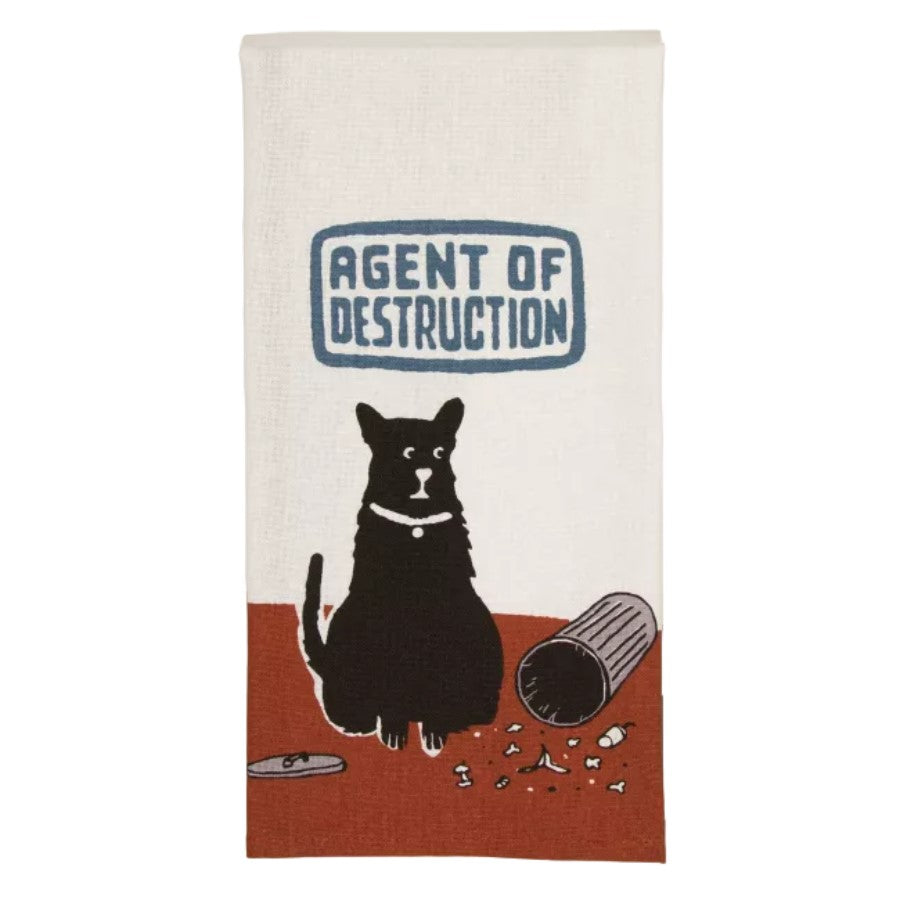 Black cat labeled "Agent of Destruction" with a knocked-over trash can.