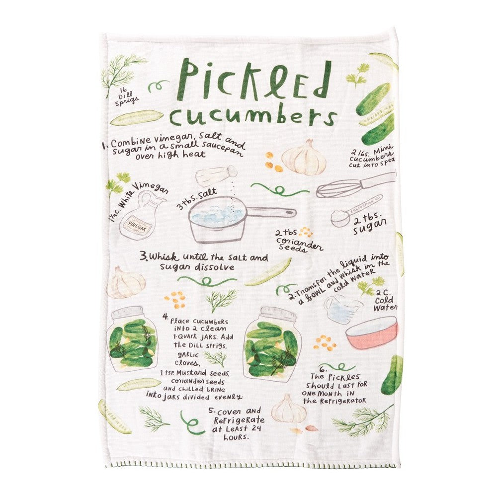 Pickled cucumber recipe with illustrations on a tea towel.