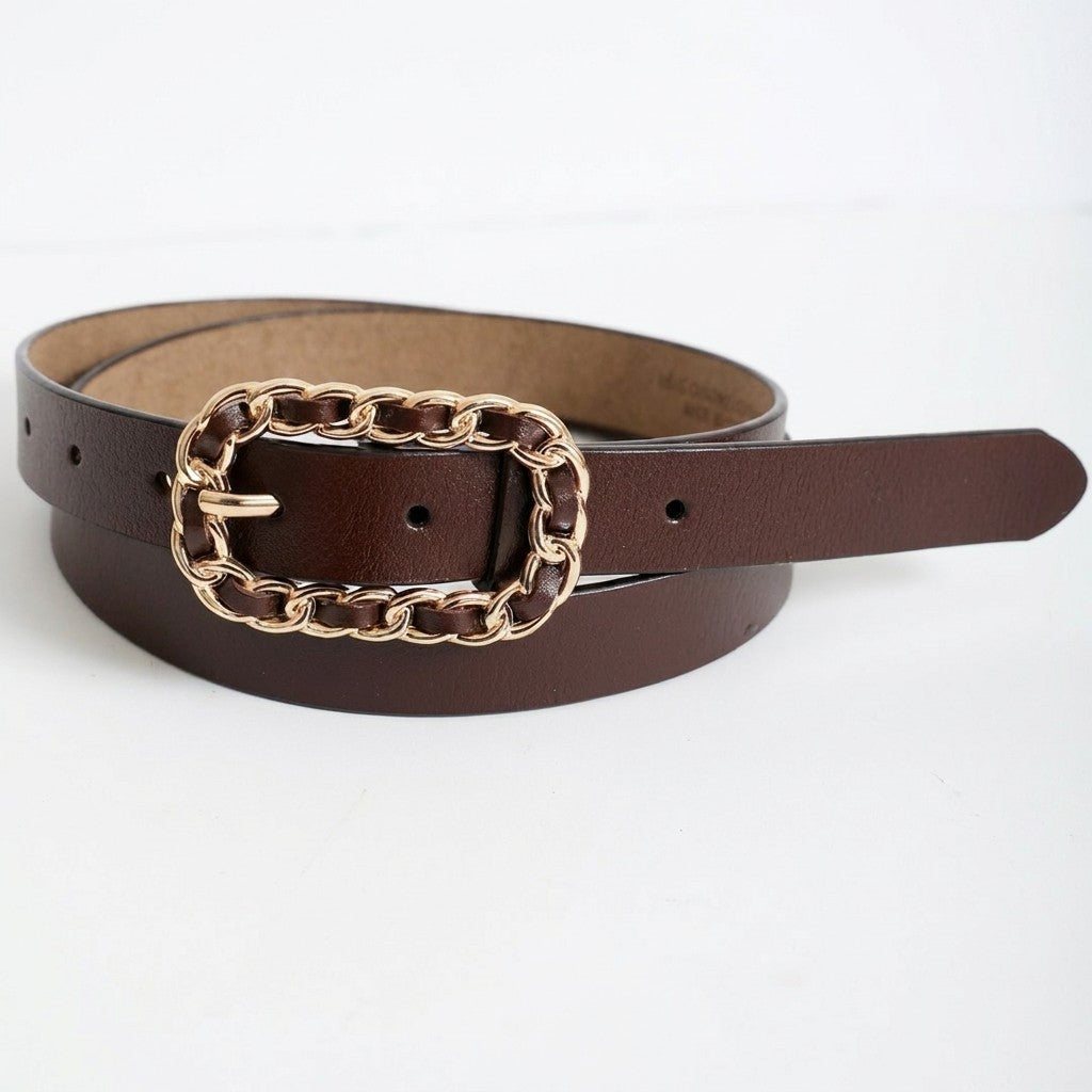 Brown leather belt with a gold braided buckle.