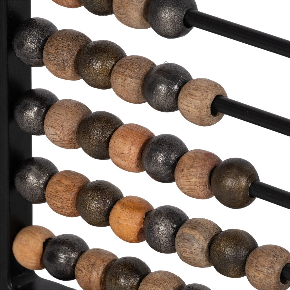 Close-up of an abacus with wooden beads on rods.