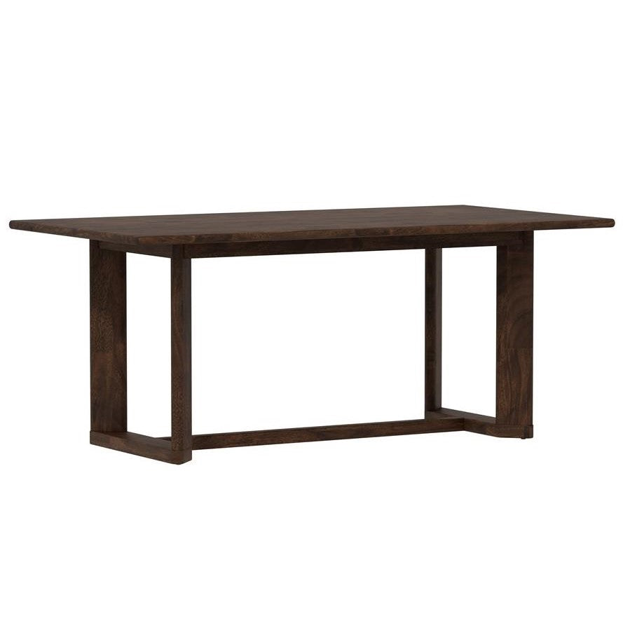 Wooden rectangular dining table with sturdy legs.